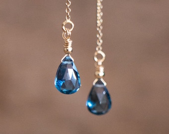 London Blue Topaz Earrings, Gift for Mum, Threader Earrings, Blue Topaz Jewelry, Gemstone Earrings, Ear Threaders, November Birthstone