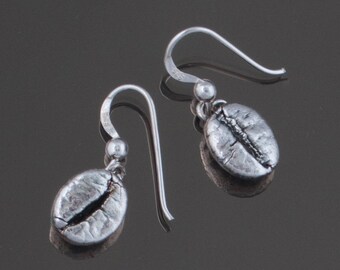 Real coffee beans dipped in silver, real coffee bean earrings, electroformed, gift for coffee lover