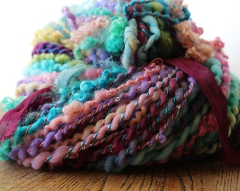 Huge Skein Handspun Super Bulky Art Yarn -Corespun Lockspun Sari Silk - 6.1oz/171grams 128 yards