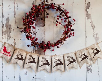 Reindeer Banner, Reindeer Burlap Banner, Holiday Banner, Rustic Christmas Banner, Christmas Decor, Holiday Decor, B089