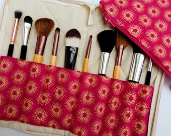 Makeup brush holder and bag, pink brush holder, brush organiser, gift for her, gift for sister