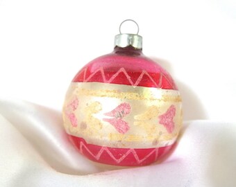Vintage Red and Silver Christmas Ornament with Pink and Yellow Hearts, USA Ornament