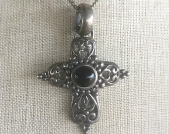 Vintage Cross Necklace Ornate Cross Pendant Sterling Silver Gothic Cross Modern Black Cabochon Religious Jewelry
