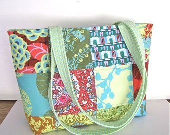 Large Tote Bag, Amy Butler Fabric, Shoulder Bag, Quilted Patchwork, Handmade, Cottage Chic, Quilted, Purse, Bright Fabric, zip pocket