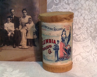 Antique Columbia cylinder wax record and container music roll for Edison phonograph collectible Victorian farmhouse display item home decor