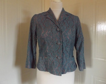 vintage 1950s blue lace over satin jacket blazer small 8 10