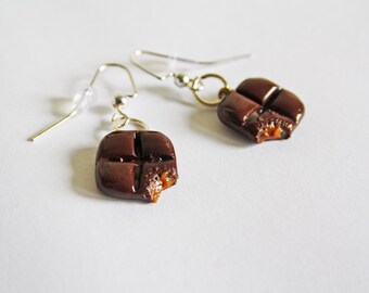 Caramel Chocolate Bar Earrings | Polymer Clay Earrings | Kawaii Jewelry | Food Jewelry | Snack Jewelry | Chocolate Earrings | Tasty Earrings