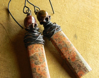 Tribal Jewelry Earrings Red Orbicular Birds Eye Matched Jasper Stones Copper Wire Wrapped