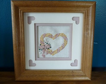 Vintage Counted Cross Stitch Heart Picture Matted and Framed