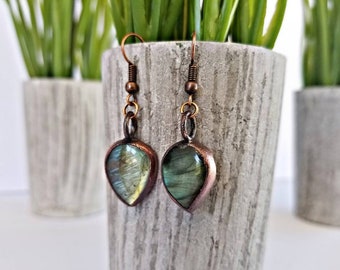 Antiqued Copper Electroformed Labradorite Earrings