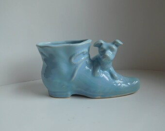 Vintage 1950s Shawnee Pottery dog with shoe planter Blue dog planter