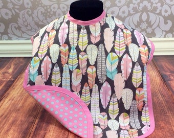 Boho Feathers toddler bib, toddler bapron, clothing cover, reversible bib, long sleeve bib,special needs,Toddler Size, hipster baby