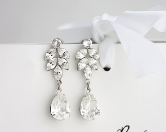 Crystal Bridal Earrings Art Deco Crystal Leaf Earrings Swarovski Crystal Wedding Jewelry Sparkly Evening Formal Gift AMELIA