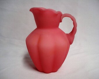 Vintage Fenton Pink Rose Satin Glass Melon Rib Pitcher Crimped Handle Scallop Top