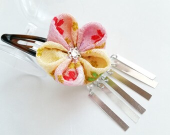Handmade Silk Kanzashi Flower Pink Yellow Peach Cherry Blossom Flower Hair Clip For Wedding Bridal Maid Girl Doll Cosplay Prom Date