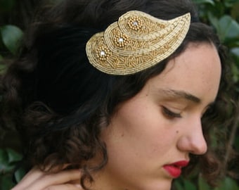 Gold 1920s headband, gold great gatsby headband, black feather headpiece, rhinestone headband beaded flapper fascinator 1920s