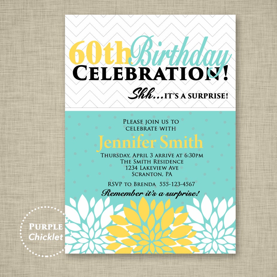Surprise 60th Birthday Party Invitation Teal Blue and Yellow