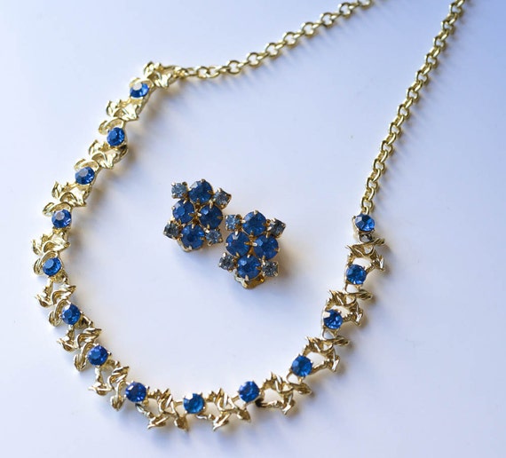 Gold Necklace and Earrings Blue Rhinestone Vintage Necklace