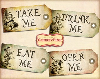 Alice in Wonderland Vintage Tags Set 2 Alice party decoration, digital party printable