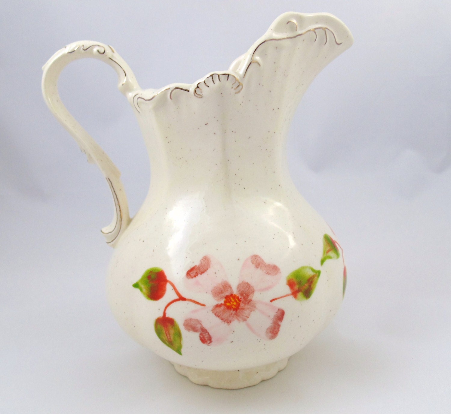 Vintage Ceramic Hand Painted White Water Pitcher With Floral