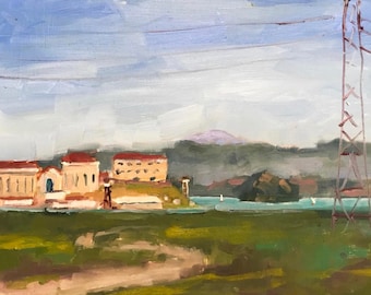 Plein Air Original Oil Painting Landscape San Quentin Prison Sailboats Greenbrae Mill Valley Marin County Northern California Artist USA