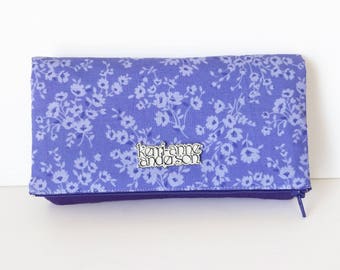 Women's Wallet Clutch with Fold Over Flap, Card Slots and Zippered Coin Compartments in Purple Floral