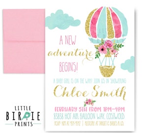 HOT AIR BALLOON Baby Shower Invitation Adventure Invitation Girl hot air balloon Baby shower invitation Hot air balloon Gold Pink Girl