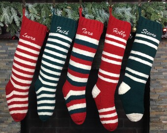 striped personalized christmas stockings hand knit wool stockings red green white striped stockings - Striped Christmas Stockings striped personalized christmas stockings hand knit wool stockings red green white striped stockings - Striped Christmas Stockings