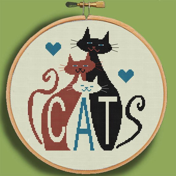 Download THREE MOD CATS Modern Counted Cross Stitch Pattern pdf