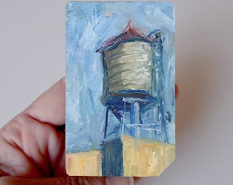 Art Oil Painting New York City Water Tower on Recycled NYC Subway Card