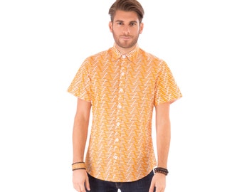 Mens 100% Cotton Short Sleeve Slim Fit Shirt Orange White Print