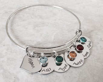 Hand stamped personalized bangle bracelet bracelet children names birthstone custom bracelet cuff bracelet mothers jewelry grandma gift