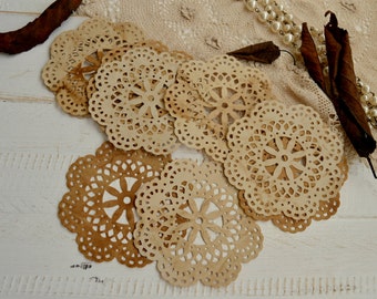 Set of 10 Tea stained lace paper doilies for junk journals art journals old looking vintage paper scrapbooking doilies .