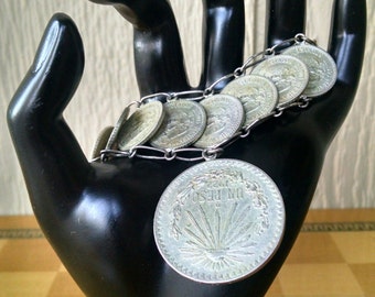 Vintage Sterling Silver Mexican Coin Bracelet