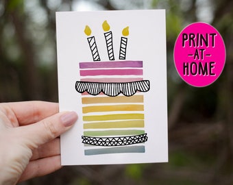 PRINT AT HOME Watercolor Birthday Cake Card, happy birthday, birthday for her, gift for her, candles, birthday cake, minimalist card