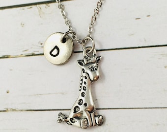 Giraffe Necklace, Personalised 3-D Silver Giraffe Charm Necklace, Hand Stamped Initial, Giraffe Pendant, Giraffe Gift, Children’s Necklace