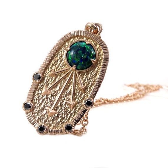Egyptian Sun Symbol Pendnat - Lab Black Opal with Black Diamonds - 14k Rose Gold - Ready to Ship