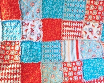 On Sale Rag Quilt - Lap Quilt - Aqua and Red - Paisley Flowers Stripes - Gift For Her