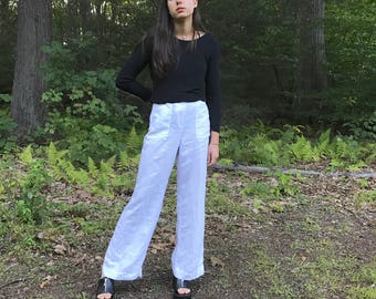 White Linen High Waisted Wide Leg Pants