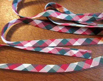 Handmade Bias Seam Binding 5/8" - Cotton - Double Fold - Vintage - Burgundy & Green Check - 1 Yd.