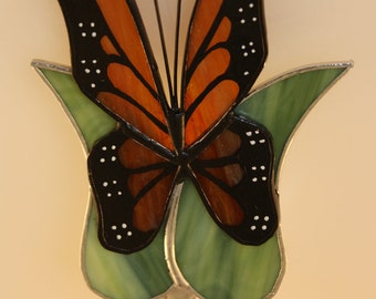 Stained Glass Night Light Monarch Butterfly Hand-Painted  - Made to Order (MON035)