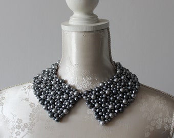 Beaded collar necklace with grey graphite pearls beads pointed shape detachable removeable accessories for women peter pan collar elegant