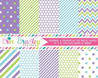 80% OFF SALE Purple Green and Blue Polka Dots Stripes & Chevron Commercial Use Digital Paper Pack Instant Download