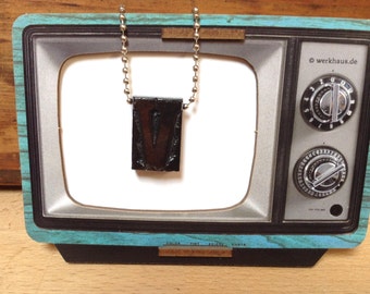 Vintage Wooden Letterpress V Necklace, Necklace Typography Necklace, Letter Press Pendant