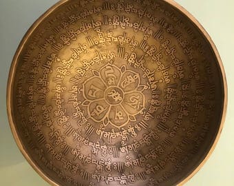 8" Mantra Carved Tibetan Singing Bowl with Cushion and Mallet - Handmade in Nepal