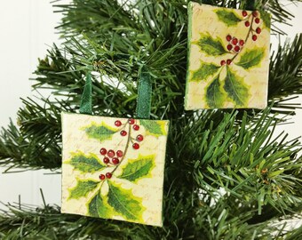 Holly Berries Ornament, 2x2 Inch Winter Miniature Art Red & Green Christmas Decor Set of 2