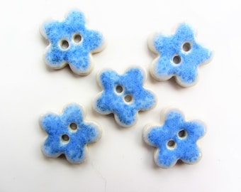 5 handmade ceramic flower buttons, beautiful blue glaze