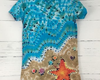 Ladies Small Medium Starfish & Beach Tie Dye V-Neck Cover Up Beach Lounge Dress