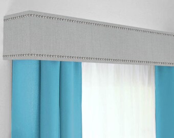 Custom Cornice Board Pelmet Box Window Treatment in Grey with Silver Nailhead Trim - Custom Curtain Topper in Modern Gray Fabric Nail Head