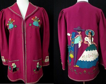 Awesome 1940's Mexican Tourist Jacket with Hand Appliqué Images by the famous " Berty of Mexico" VLV Rockabilly Vintage Western size Medium
